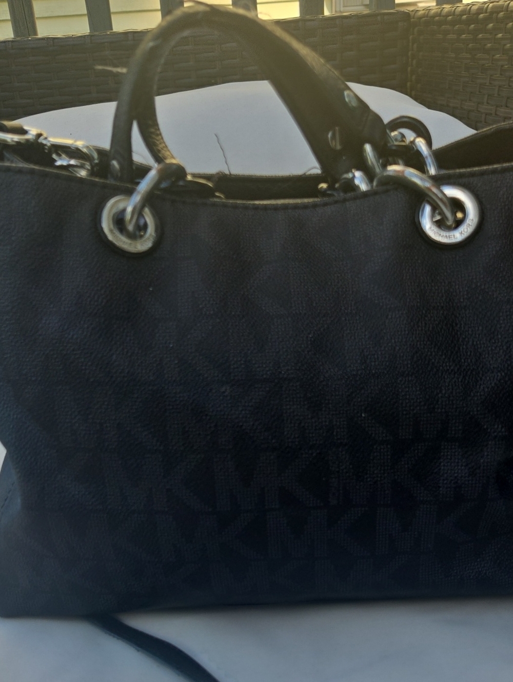 Michael Kors Black Logo-Pattern Tote with Silver Hardware